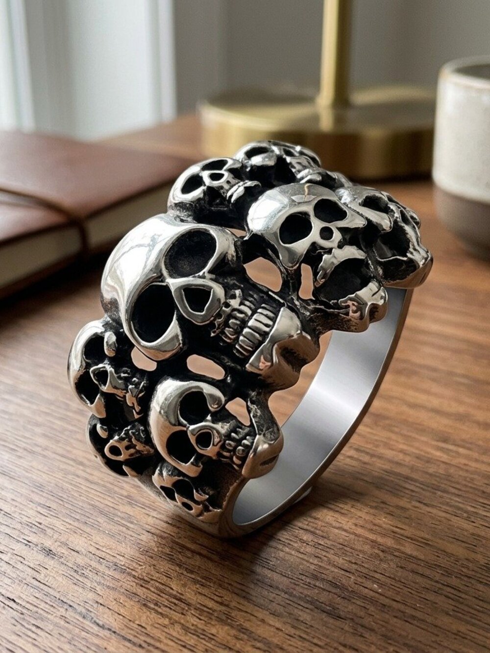 Mens Gothic Skull Cluster Ring Stainless Steel Antique Silver Biker Band Vintage